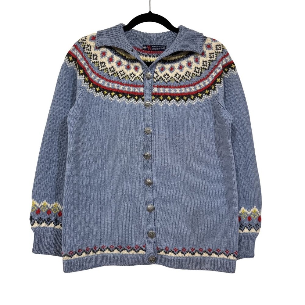 Vintage Norsk Husflid Handknit Norwegian Wool Fair Isle Cardigan Sweater Size M